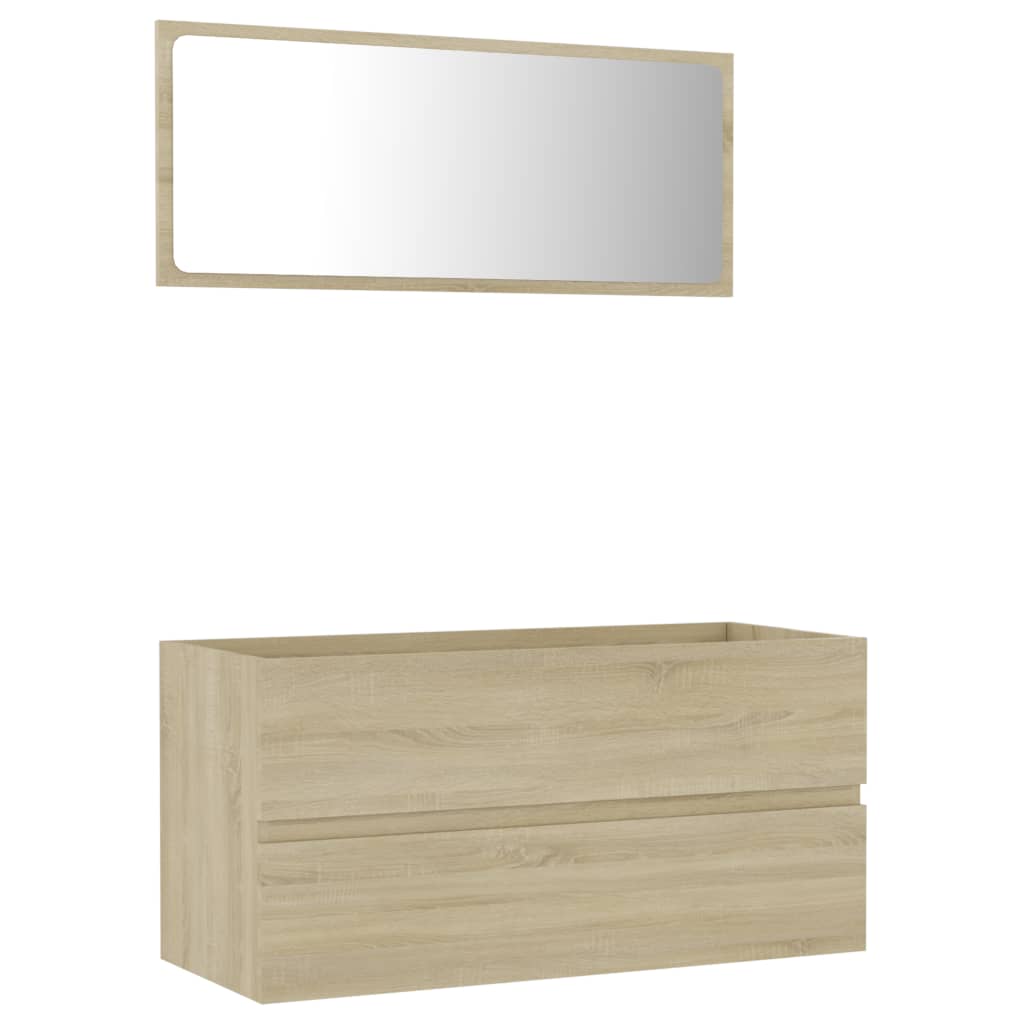 Set mobilier baie dulap cu sertare si oglinda, vidaXL, PAL-acril, 90 x 38,5 x 46 cm, Maro Stejar Sonoma
