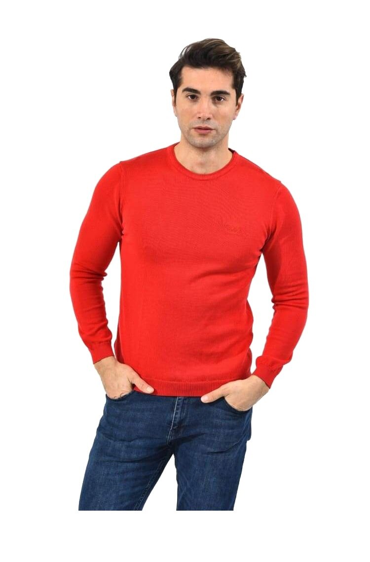 Pulover cu guler rotund, Hugo Boss, Regular fit, Rosu