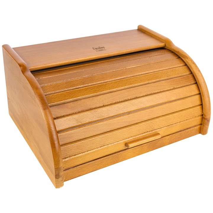 Cutie de paine din lemn, Creative Home, 38x28,5x17,5 cm, arin brun, capac rulant si deschidere frontala, bine aerisita, accesorii moderne pentru bucatarie