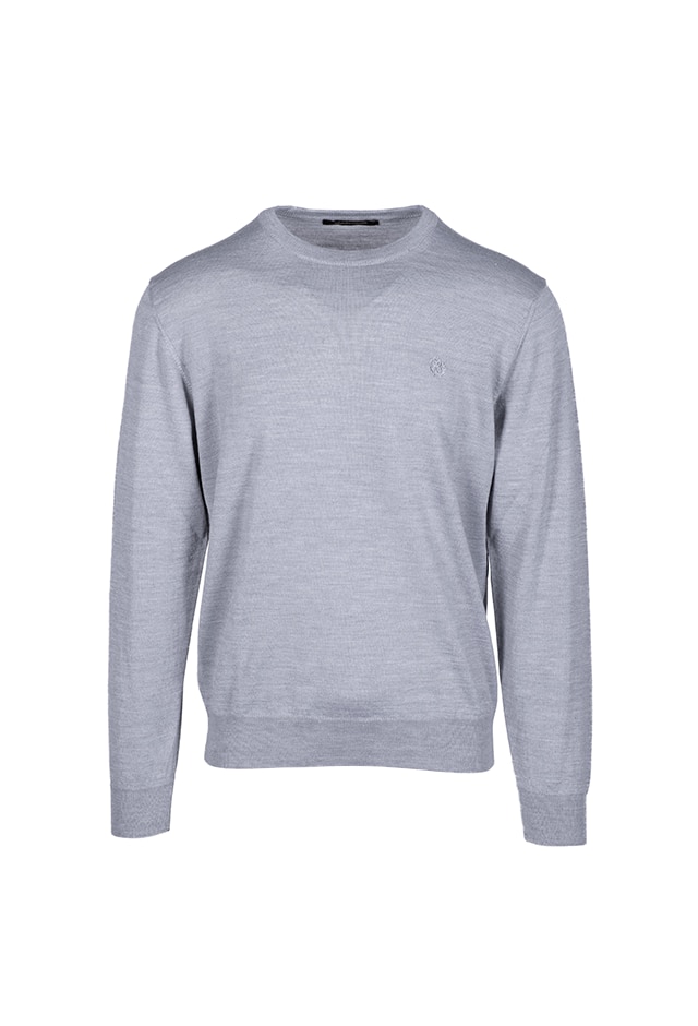 Pulover slim fit cu decolteu la baza gatului, Roberto Cavalli, Gri