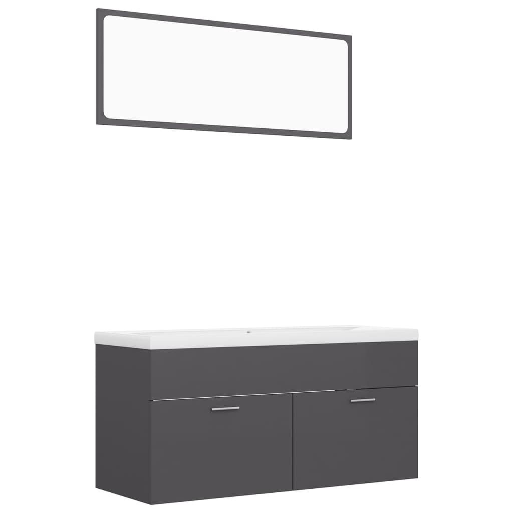 Set mobilier baie dulap, chiuveta si oglinda vidaXL, PAL extralucios, 100 x 38.5 x 46 cm, Gri
