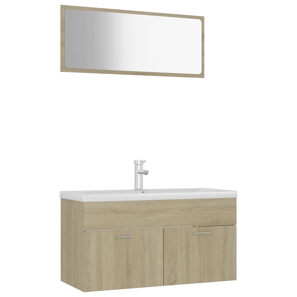 Set mobilier baie dulap, chiuveta si oglinda vidaXL, PAL, 90 x 38.5 x 46 cm, Maro Stejar Sonoma