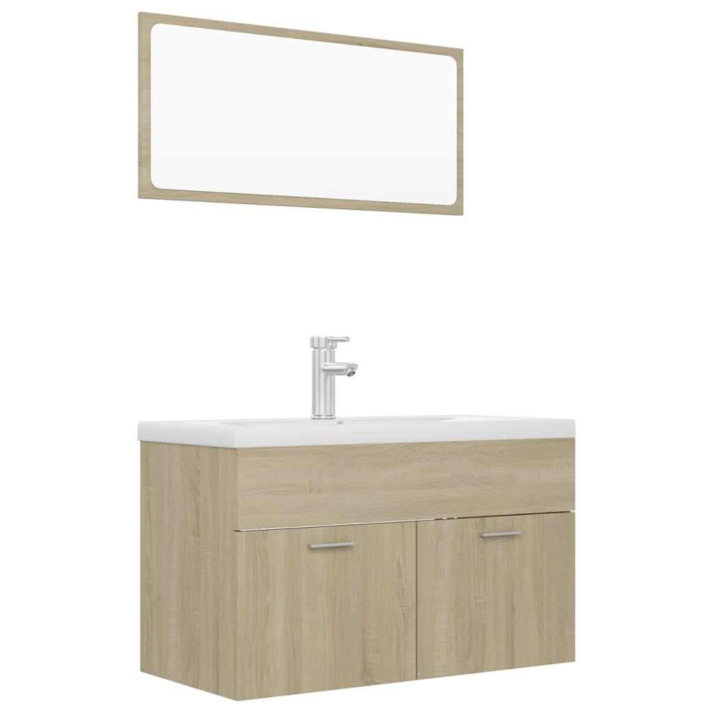 Set mobilier baie dulap, chiuveta, robinet si oglinda, vidaXL, PAL, 80 x 38.5 x 46 cm, Maro Stejar Sonoma