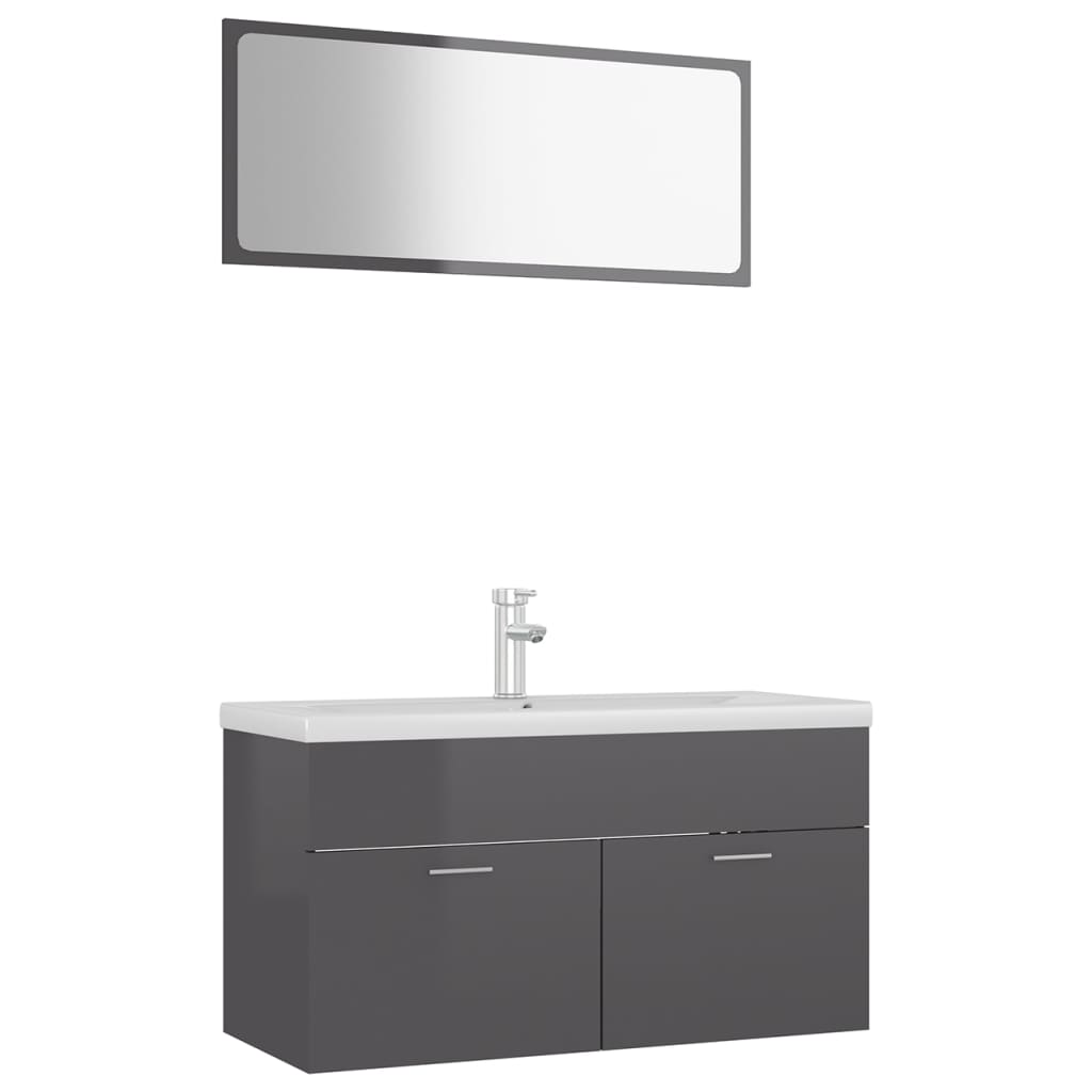 Set mobilier baie dulap, chiuveta, robinet si oglinda, vidaXL, PAL extralucios, 90 x 38.5 x 46 cm, Gri