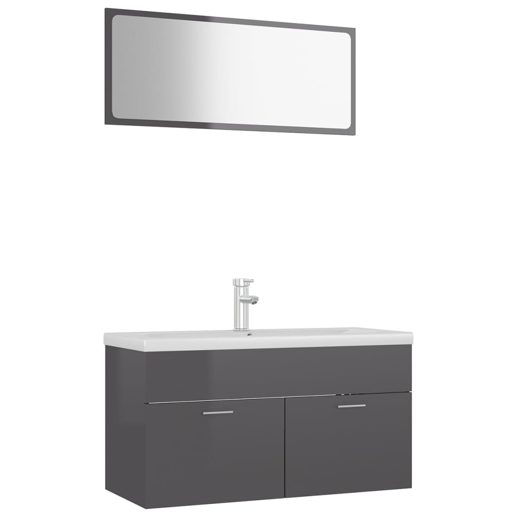 Set mobilier baie dulap, chiuveta si oglinda vidaXL, PAL extralucios, 90 x 38.5 x 46 cm, Gri