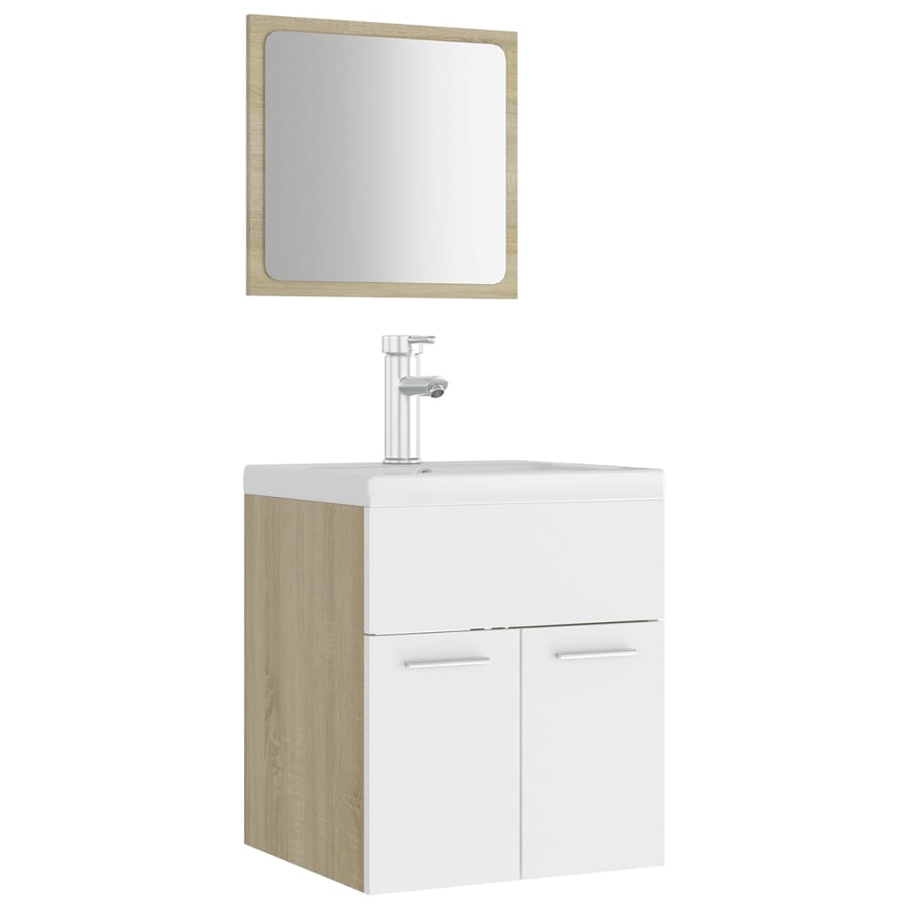 Set mobilier baie dulap, chiuveta, robinet si oglinda, vidaXL, PAL, 41 x 38.5 x 46 cm, Alb/Maro Stejar Sonoma