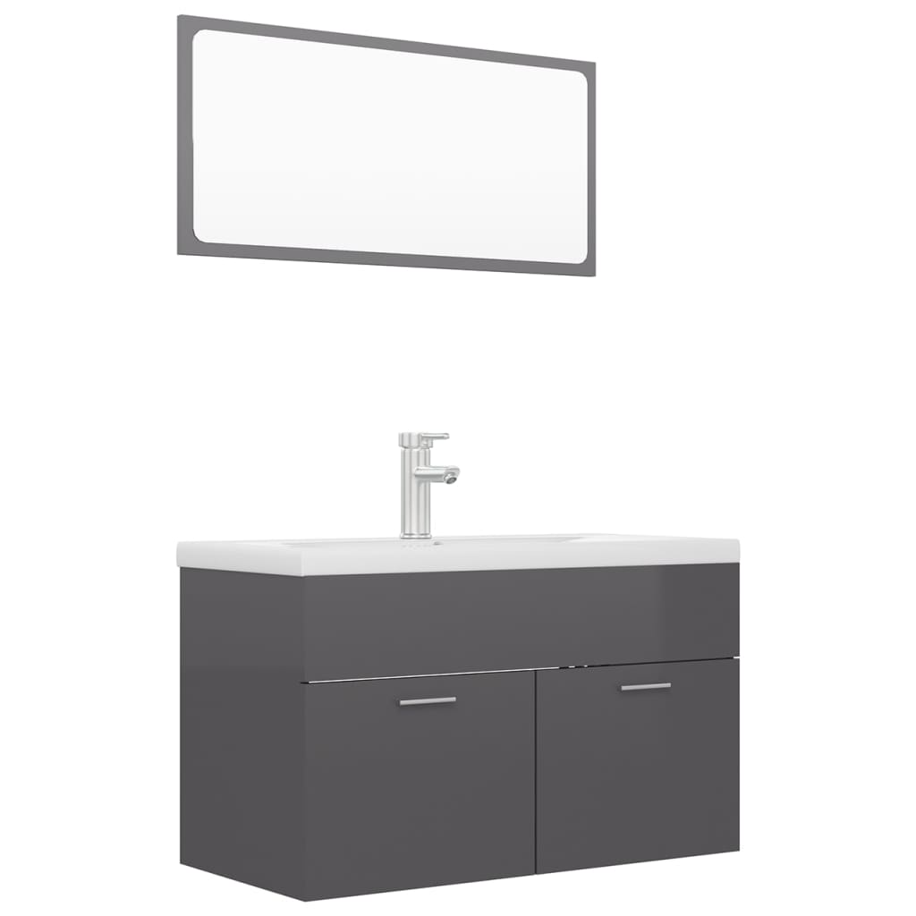 Set mobilier baie dulap, chiuveta, robinet si oglinda, vidaXL, PAL extralucios, 80 x 38.5 x 46 cm, Gri