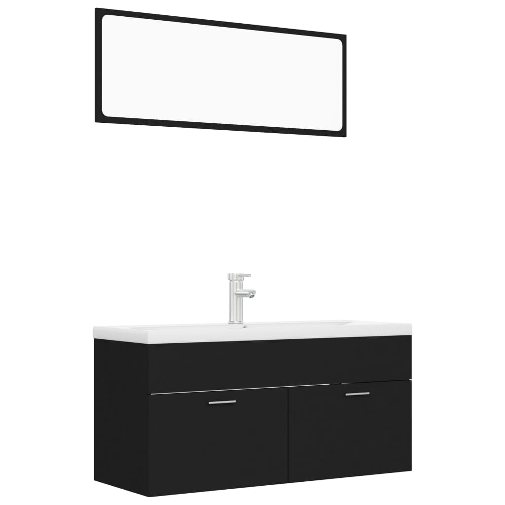 Set mobilier baie dulap, chiuveta, robinet si oglinda, vidaXL, PAL, 100 x 38.5 x 46 cm, Negru