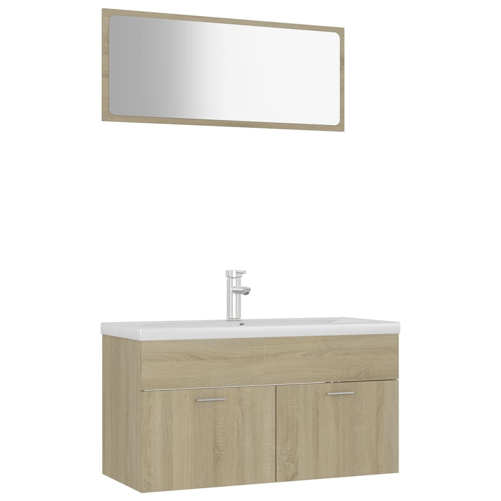 Set mobilier baie dulap, chiuveta, robinet si oglinda, vidaXL, PAL, 90 x 38.5 x 46 cm, Maro Stejar Sonoma