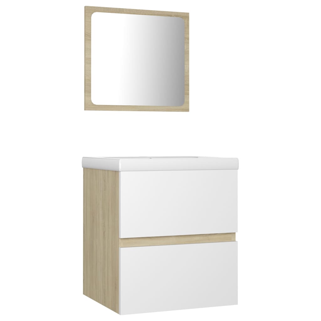 Set mobilier baie dulap chiuveta si oglinda, vidaXL, PAL/ceramica, 41 x 38.5 x 45 cm, Alb/Maro Stejar Sonoma
