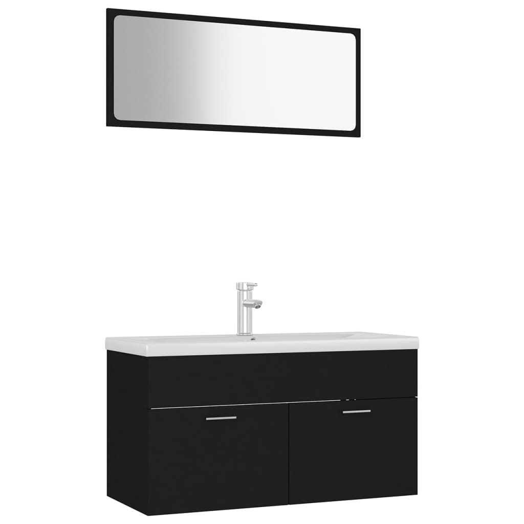 Set mobilier baie dulap, chiuveta, robinet si oglinda, vidaXL, PAL, 90 x 38.5 x 46 cm, Negru