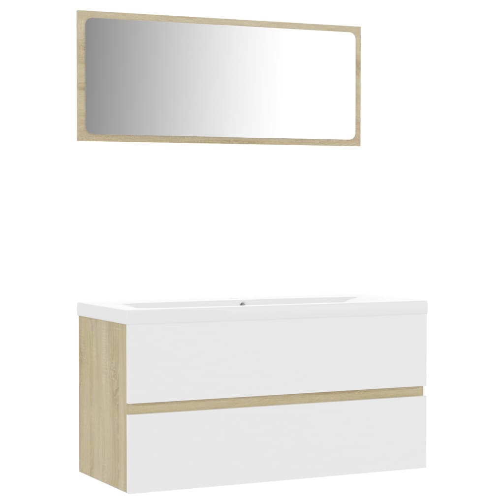 Set mobilier baie dulap chiuveta si oglinda, vidaXL, PAL/ceramica, 90 x 38.5 x 45 cm, Alb/Maro Stejar Sonoma