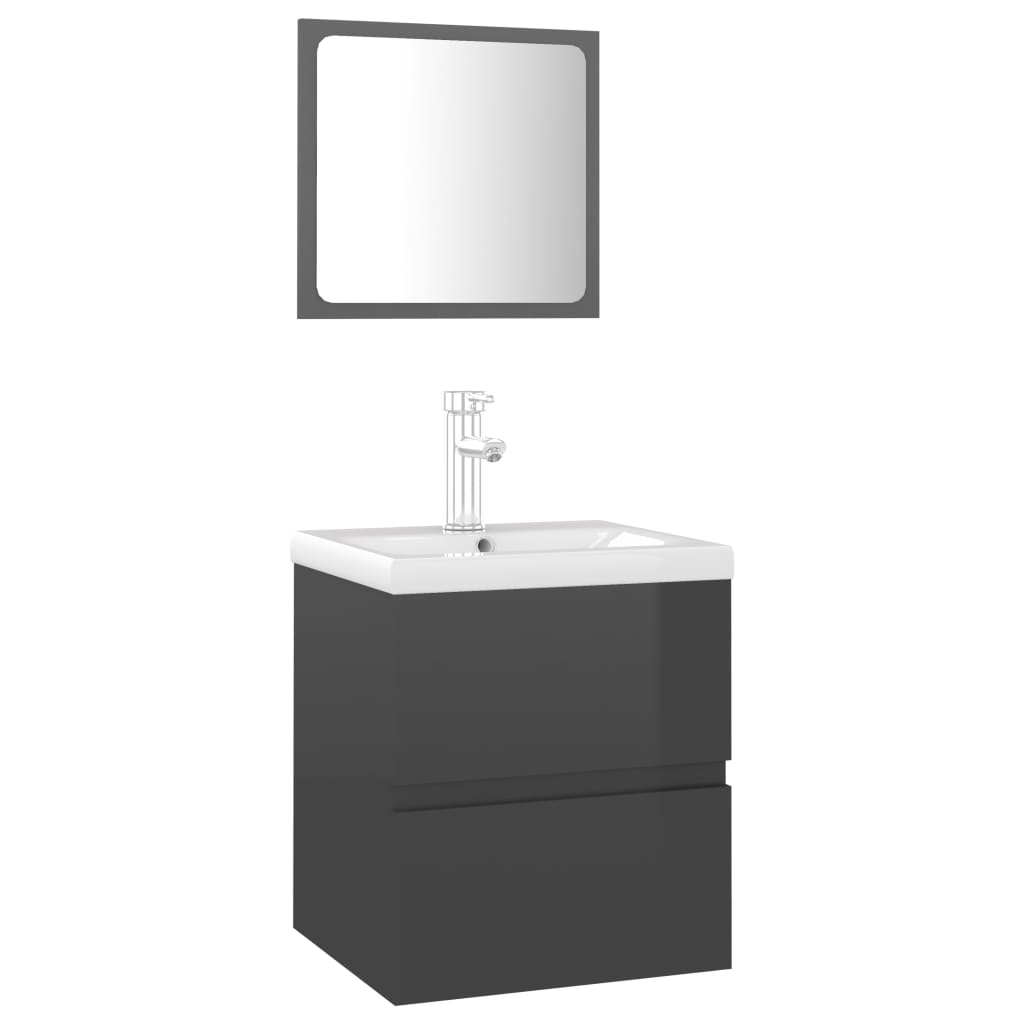 Set mobilier baie dulap cu sertare, chiuveta, robinet si oglinda, vidaXL, PAL extralucios/ceramica, 41 x 38.5 x 45 cm, Gri