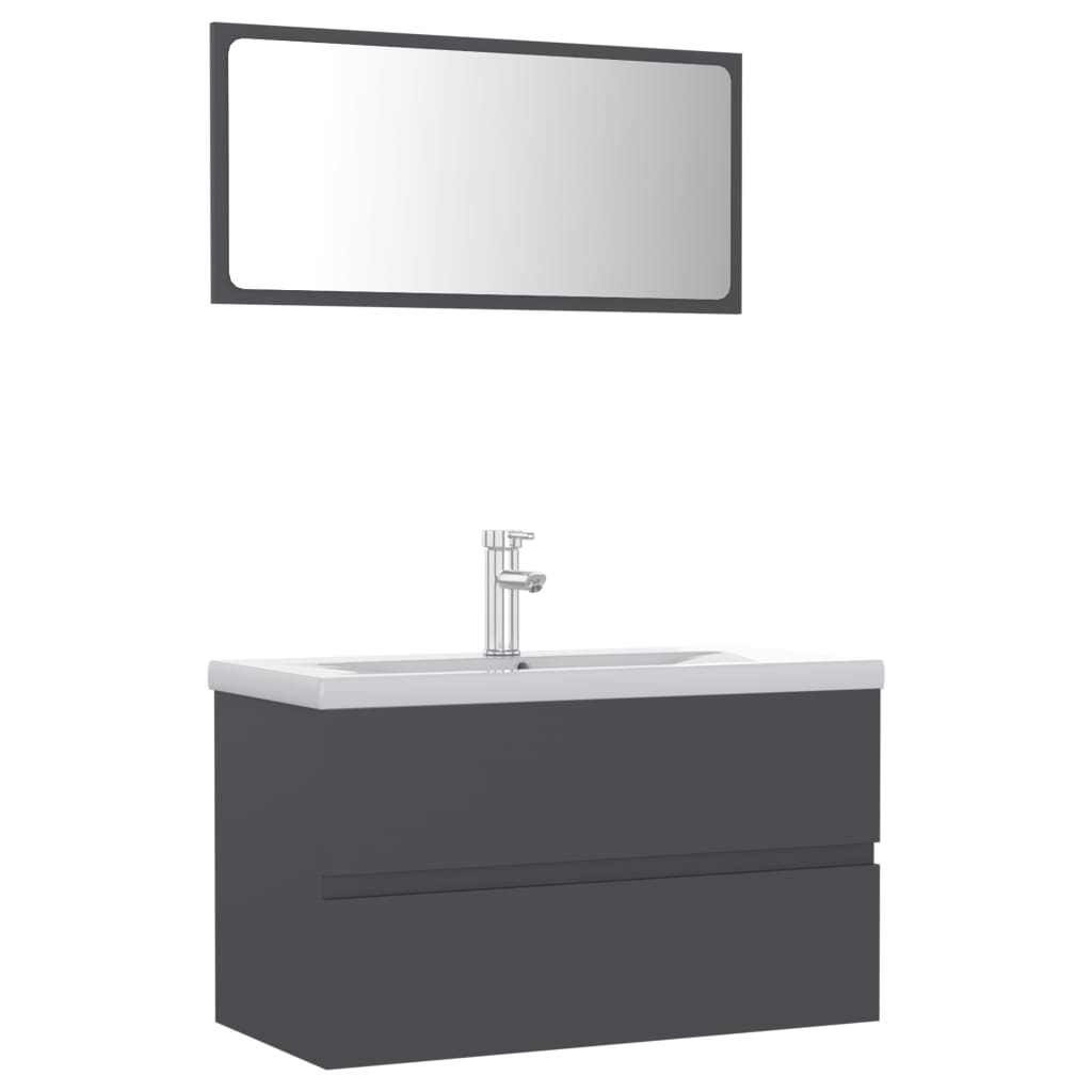 Set mobilier baie dulap cu sertare, chiuveta, robinet si oglinda, vidaXL, PAL/ceramica, 80 x 38.5 x 45 cm, Gri