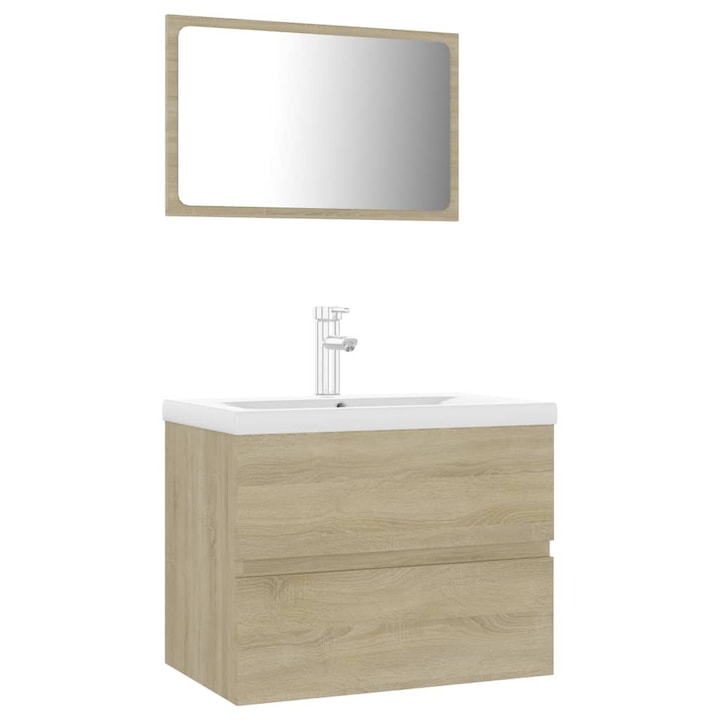 Set mobilier baie dulap cu sertare, chiuveta, robinet si oglinda, vidaXL, PAL/ceramica, 60 x 38.5 x 45 cm, Maro Stejar Sonoma