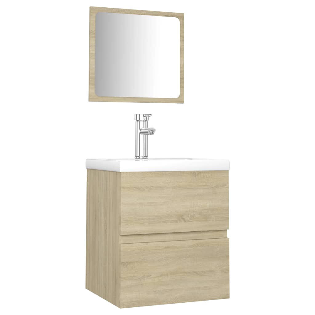 Set mobilier baie dulap cu sertare, chiuveta, robinet si oglinda, vidaXL, PAL/ceramica, 41 x 38.5 x 45 cm, Maro Stejar Sonoma