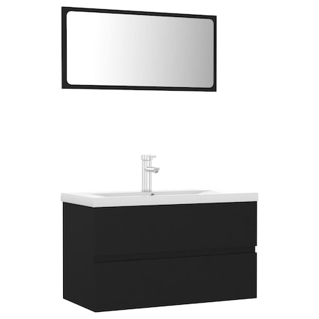 Set mobilier baie dulap cu sertare, chiuveta, robinet si oglinda, vidaXL, PAL/ceramica, 80 x 38.5 x 45 cm, Negru