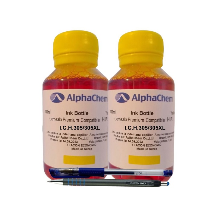 Set Flacon Cerneala AlphaChem Compatibil HP (305) 2x100ml 3YM60AE Galben, Pix CNX201 si Pix CNX567