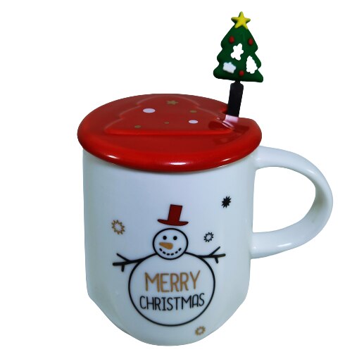 Cana cu lingurita si capac, model Om Zapada, Craciun, 300 ml, Alb, Rosu