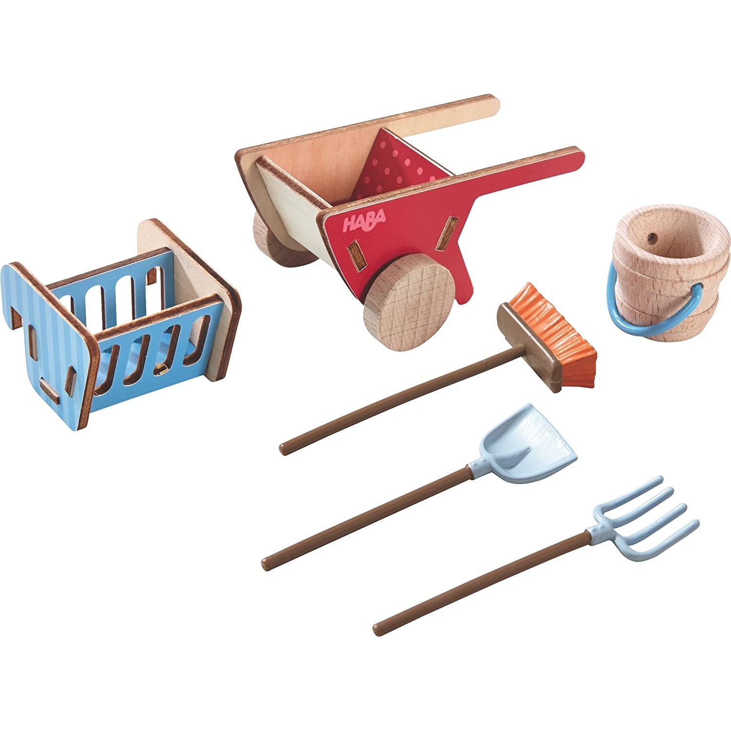 Set de joaca Little Friends Horse Care Haba 6 ustensile pt ferma, plastic si lemn