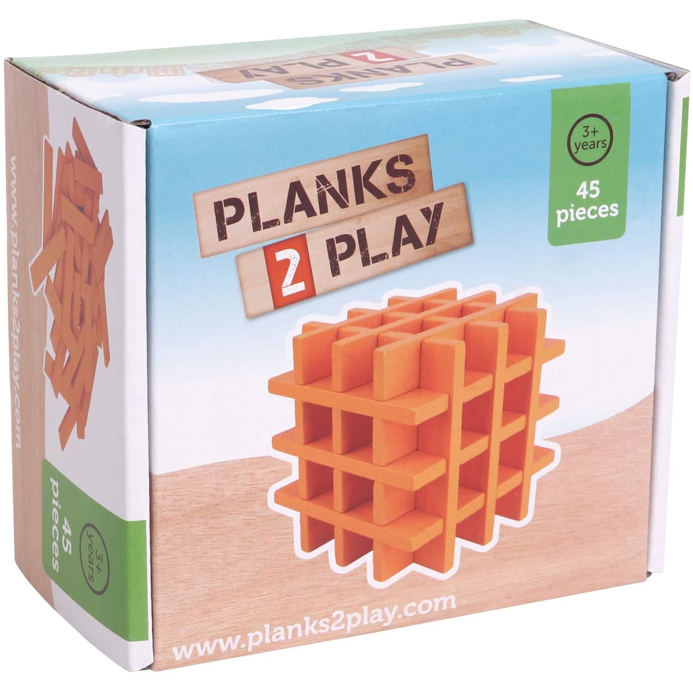 Set cuburi din lemn, New Classic Toys, Planks2Play, 45 piese, portocaliu