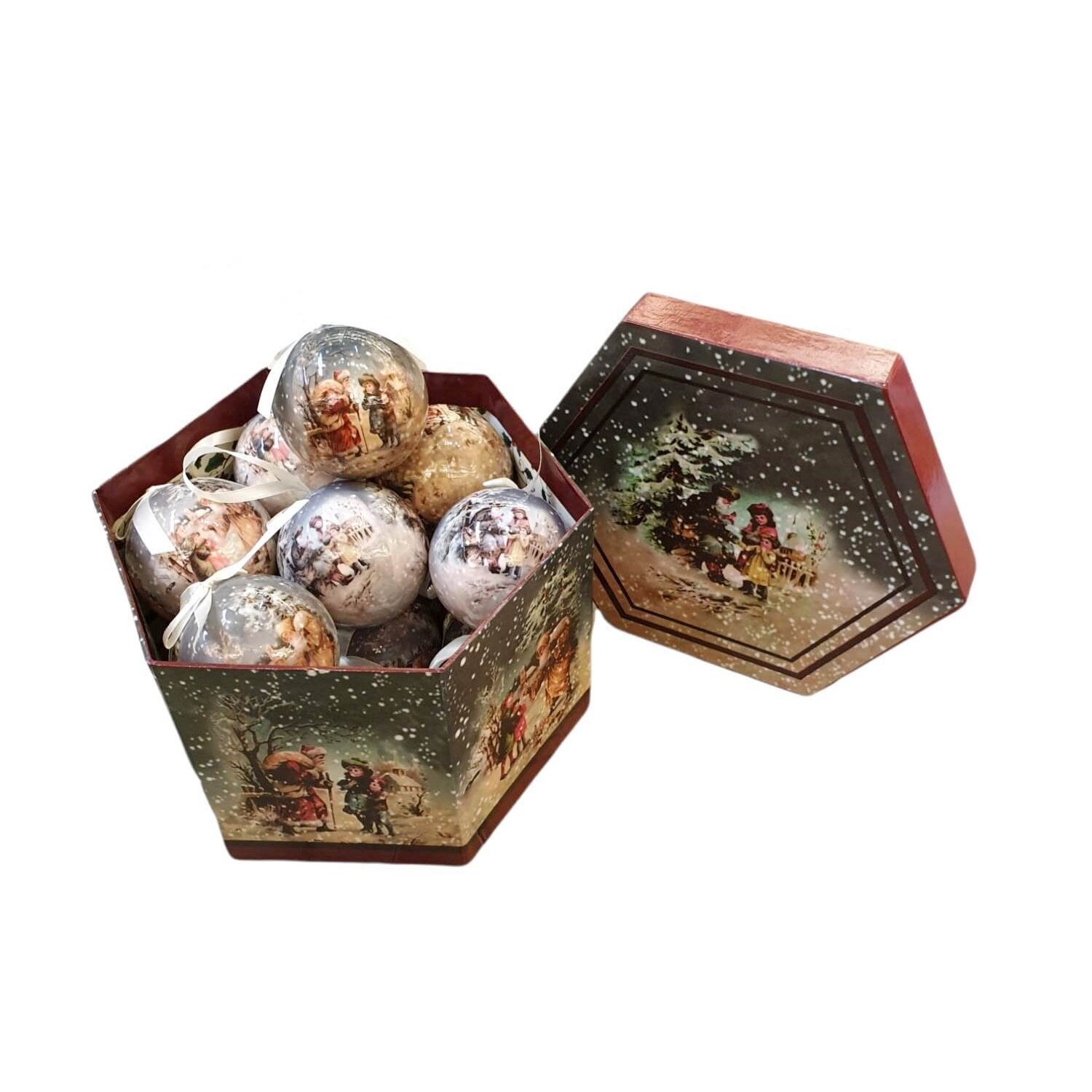 Set 14 globuri de craciun cu design Mos cu copii in cutie de cadou, 7cm