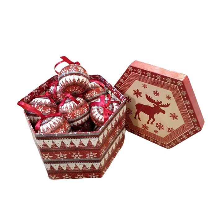 Set 14 globuri de craciun cu design Traditional in cutie de cadou, 7cm