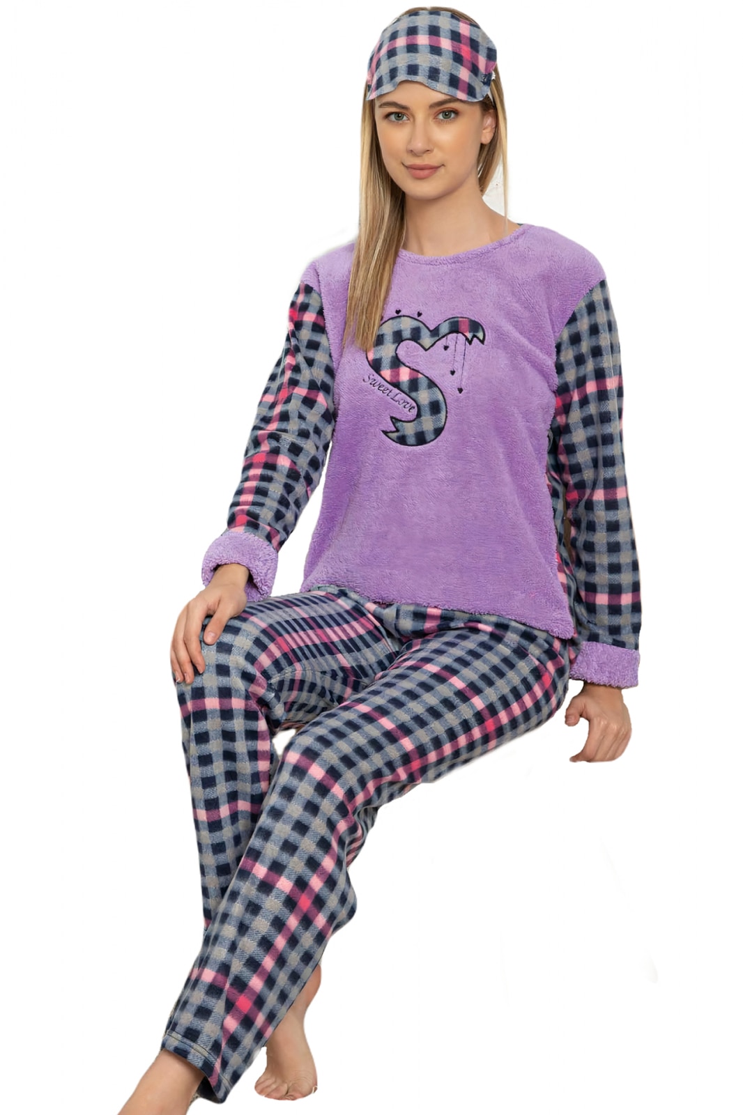 Pijama dama cocolino, pufoasa cu imprimeu Sweet love 1255, Mov