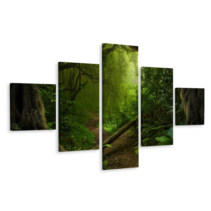 Set Tablou 5 piese POLIPTIC Padure Copaci Frunze Verde 250cm x 150cm Canvas, Decor, Efect 3D, Peisaj, Panza pe cadru de lemn
