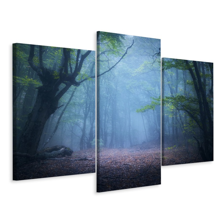 Set Tablou 3 piese TRIPTIC Padure Copaci Frunze Ceata 60cm x 40cm Peisaj, Efect 3D, Canvas, Creative decor, Panza pe cadru de lemn, Decoratiuni, Living