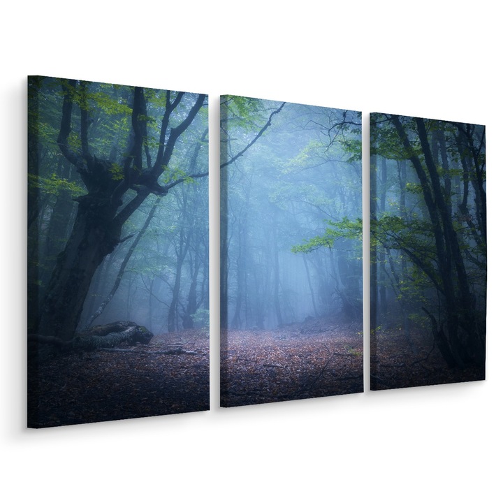 Set Tablou 3 piese Triptic PEISAJ DE PADURE Ceata Natura 120cm x 80cm Efect 3D, Canvas, Decor, Panza pe cadru de lemn, Decoratiuni, Dormitor