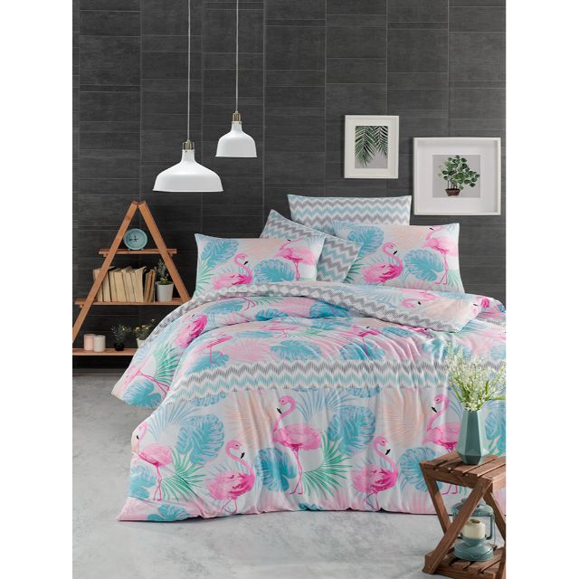 Set lenjerie pentru pat dublu, bumbac ranforce light, 4 piese, model Flamingo