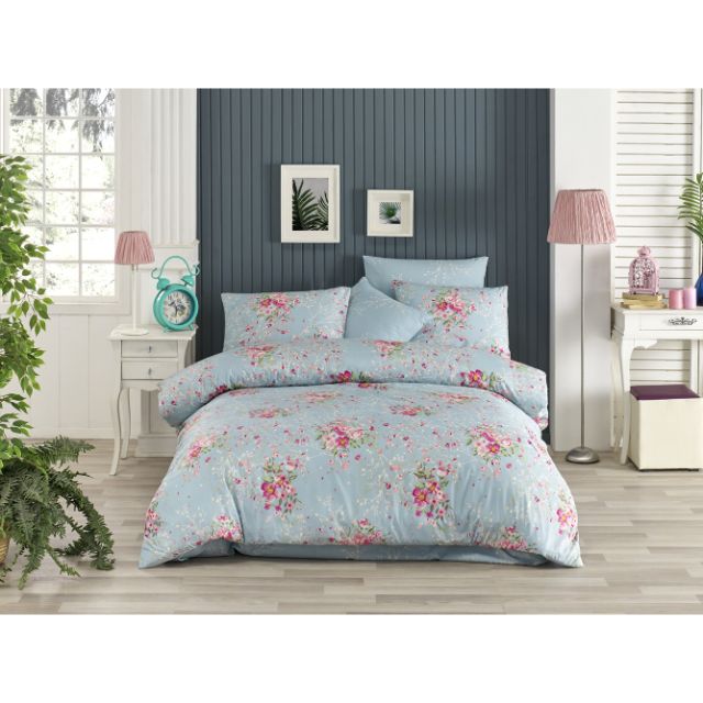 Set lenjerie pentru pat dublu, bumbac ranforce light, 4 piese, model Vita Mavi