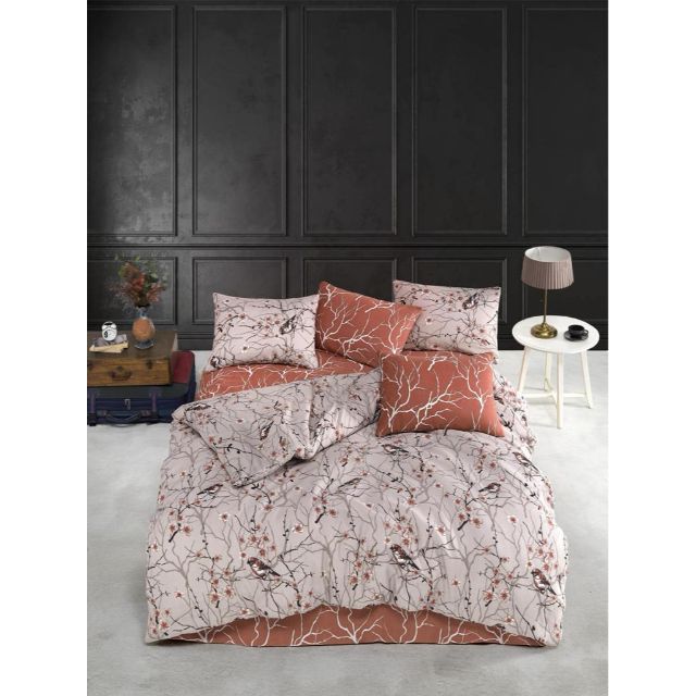Set lenjerie pentru pat dublu, bumbac ranforce light, 4 piese, model Flower Bird