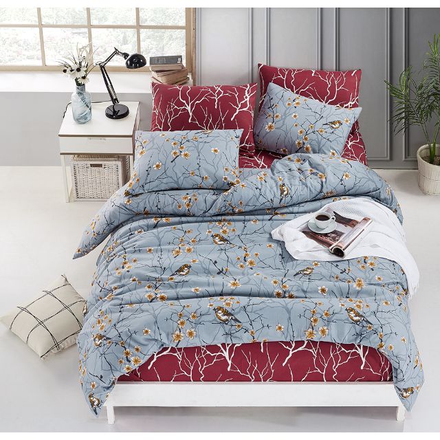 Set lenjerie pentru pat dublu, bumbac ranforce light, 4 piese, model Flower Bird Blue
