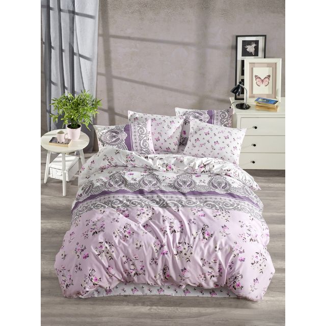 Set lenjerie pentru pat dublu, bumbac ranforce light, 4 piese, model Maria Liliac