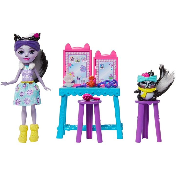 Enchantimals játékkészlet, Sage Skunk és Caper baba fésülködőasztallal és kiegészítőkkel, 3 év+