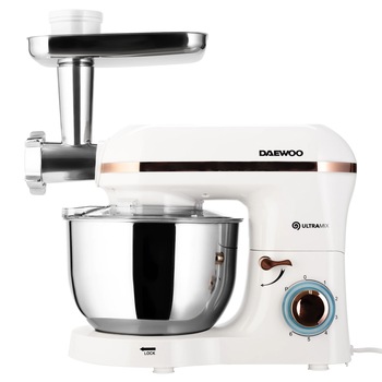Mixer, cu bol inox rotativ de 5,5 litri, 2000 W, 6 trepte de viteza, functie Pulse, carlig framantare, paleta amestecare, accesoriu masina de tocat, 3 discuri inox, alb si cupru Mixer, cu bol inox rotativ de 5,5 litri, 2000 W, 6 trepte de viteza, functie Pulse, carlig framantare, paleta amestecare, accesoriu masina de tocat, 3 discuri inox, alb si cupru