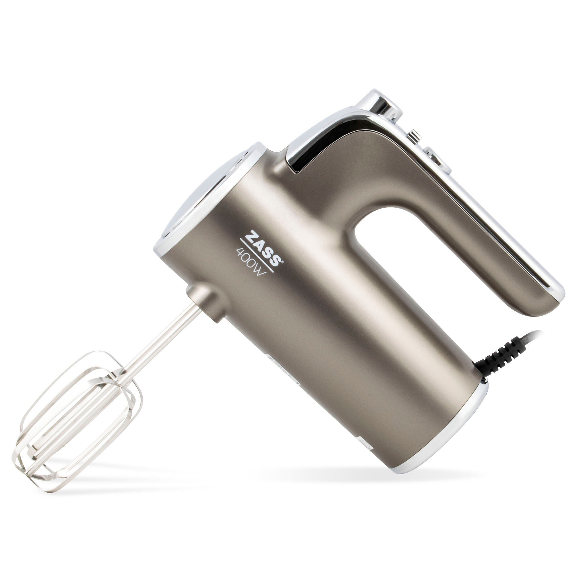 Mixer de mana, 400 W, 6 trepte de viteza, functie turbo, 2 carlige framantare, 2 palete amestecare, bej si argintiu