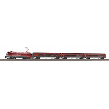 Set trenulet electric analogic PIKO, cu locomotiva electrica, 3 vagoane de calatori, sine cu terasament si variator,Railjet Epoca VI,scara HO 1:87 Set trenulet electric analogic PIKO, cu locomotiva electrica, 3 vagoane de calatori, sine cu terasament si variator,Railjet Epoca VI,scara HO 1:87