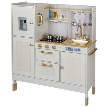 Bucatarie pentru Copii din Lemn Natural, EleganteCuisine, KinderVibe™, Iluminare cu Spoturi LED, Doua Niveluri de Inaltime, Efecte de Lumina si Sunet, Plita, Cuptor, Chiuveta Detasabila, Telefon, Multiple Accesorii, 103 CM Inaltime, Alb/Auriu Bucatarie pentru Copii din Lemn Natural, EleganteCuisine, KinderVibe™, Iluminare cu Spoturi LED, Doua Niveluri de Inaltime, Efecte de Lumina si Sunet, Plita, Cuptor, Chiuveta Detasabila, Telefon, Multiple Accesorii, 103 CM Inaltime, Alb/Auriu