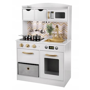 Bucatarie pentru Copii din Lemn Natural, VintageCuisine, KinderVibe™, cu Iluminare LED, Plita cu Inductie, Lumini si Sunete, Cuptor cu Microunde, Robinet, Butoane Rotative, Set Complet Accesorii pentru Gatit, 92 CM Inaltime, Alb/Auriu Bucatarie pentru Copii din Lemn Natural, VintageCuisine, KinderVibe™, cu Iluminare LED, Plita cu Inductie, Lumini si Sunete, Cuptor cu Microunde, Robinet, Butoane Rotative, Set Complet Accesorii pentru Gatit, 92 CM Inaltime, Alb/Auriu