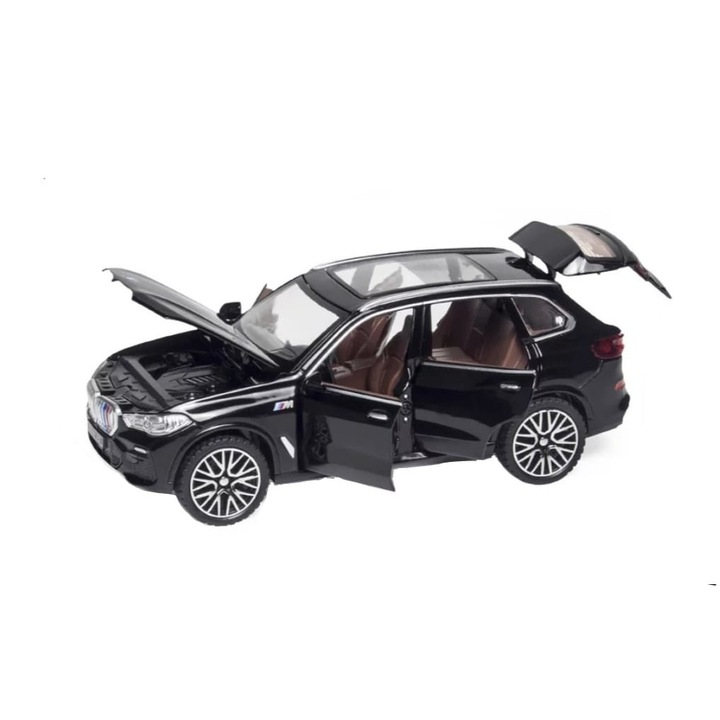Реплика на автомобил BMW X5, Със светлини и звуци, Подвижни врати, Капак, Багажник, Метал, 15 см, Черен
