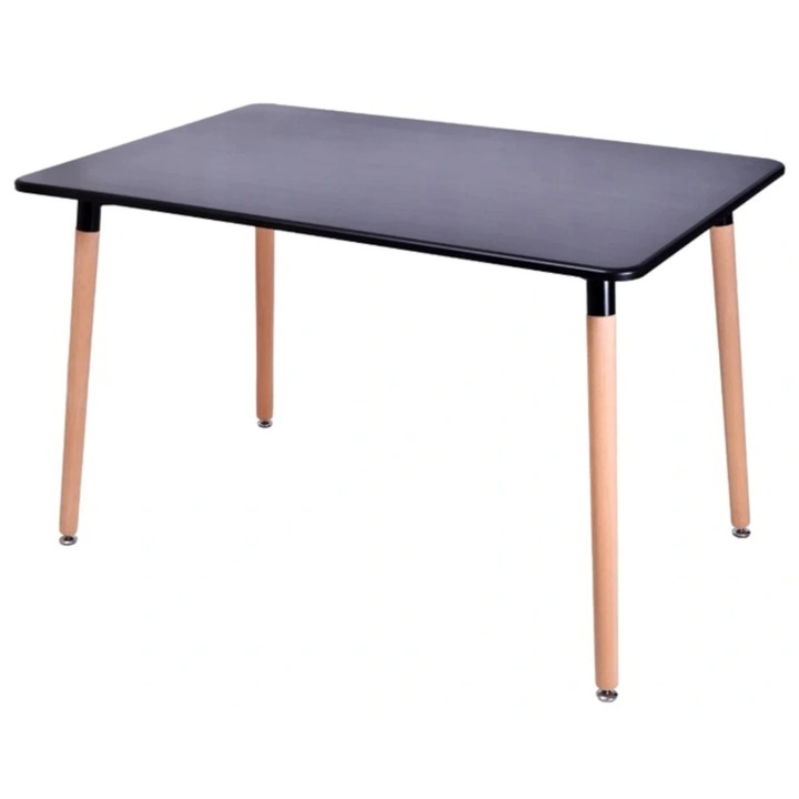 Skandináv stílusú asztal, MDF, acél keretrendszer, bükk fából készült lábak, fekete asztallap, 120x80 cm, Ego-Sereno
