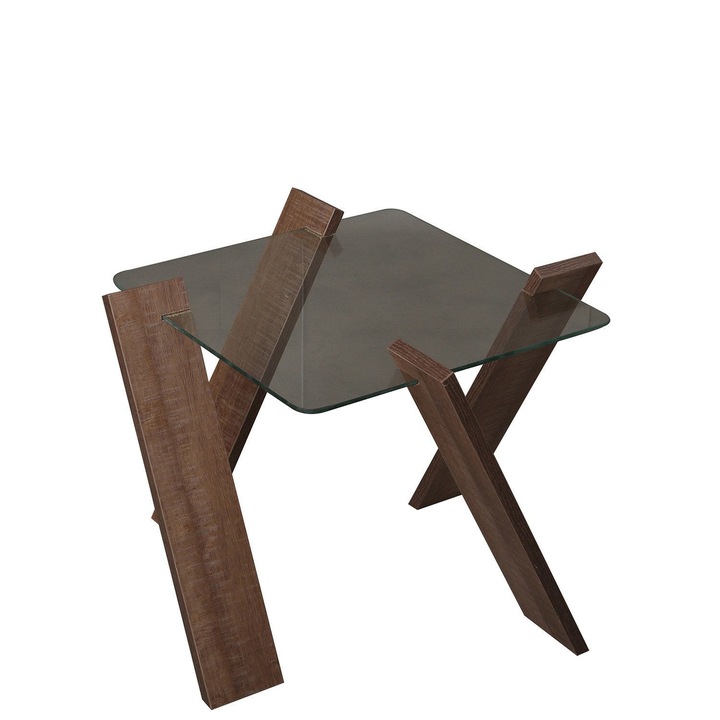 Masa de cafea Nancy Homestore, Palatine, Sticla/Lemn, 57x41x57 cm, Maro