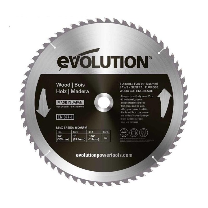 Disc pentru fierastrau circular, taiere lemn Evolution GW355TCT-60, Ø355x25.4 mm, 60 dinti