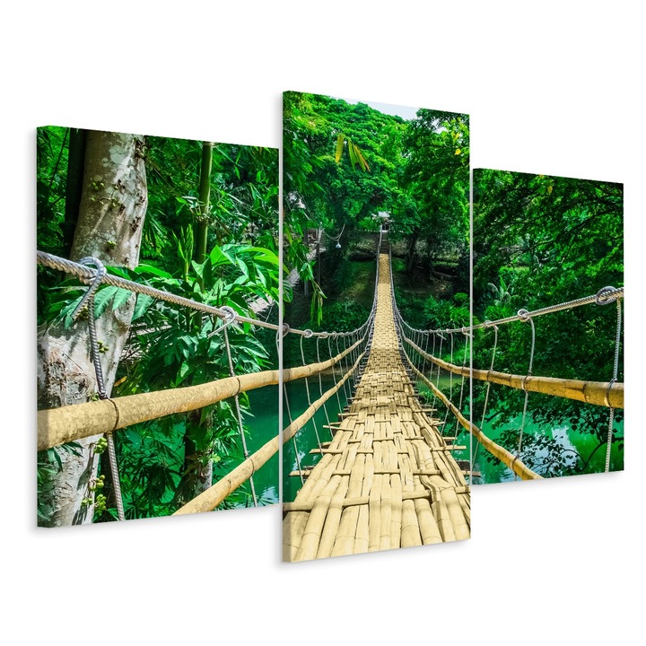 Set Tablou 3 Piese Triptic POD de Bambus intr-o Padure 180cm x 120cm Panza pe cadru de lemn, Verde, Peisaj, Efect 3D, Creative decor, Canvas, Living