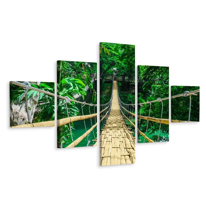 Set Tablou 5 Piese Pod PADURE TROPICALA 250cm x 150cm Verde, Canvas, Efect 3D, Panza pe cadru de lemn, Decoratiuni Moderne pentru Casa, Living