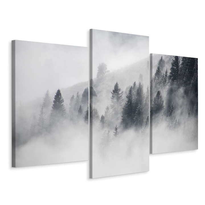 Set Tablou 3 Piese Triptic PADURE Copaci Ceata Peisaj 60cm x 40cm Canvas, Efect 3D, Iarna, Panza pe cadru de lemn, Decoratiuni Moderne pentru Casa, Dormitor
