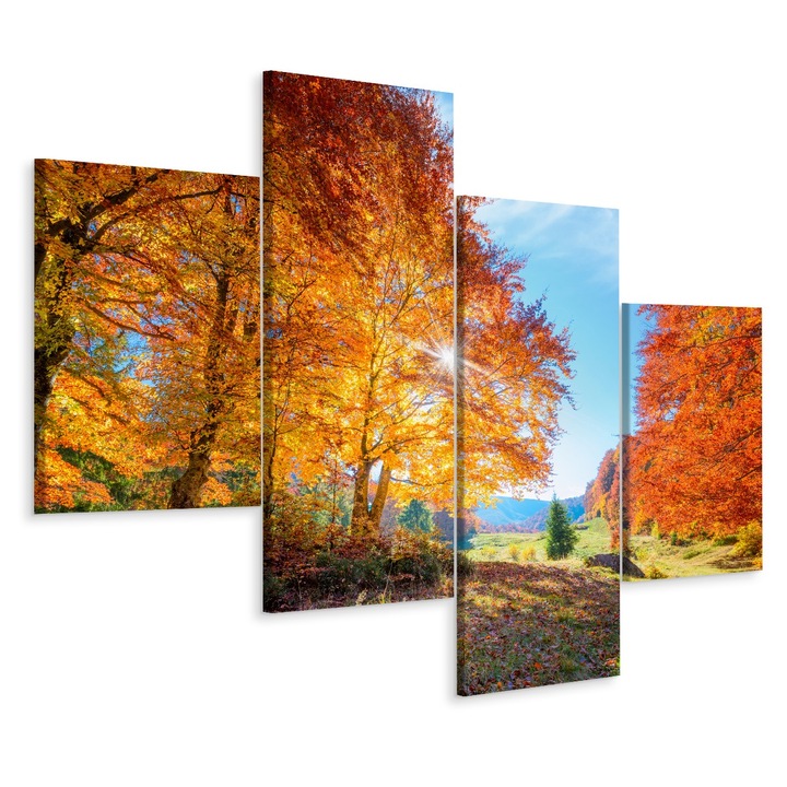 Комплект 4 Пана Есенен Пейзаж ЛИСТА 160см x 100см 3D Ефект, Канава, Слънце, Цветен, Творчески декор, Всекидневна